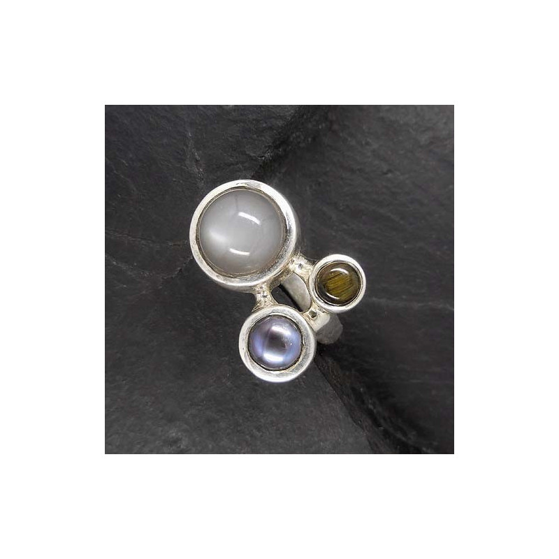 Grauer Mondstein Ring mit Falkenauge und grauer Perle