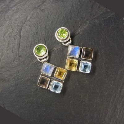 Peridot Ohrringe mit Blautopas, Citrin, Mondstein und Rauchquarz