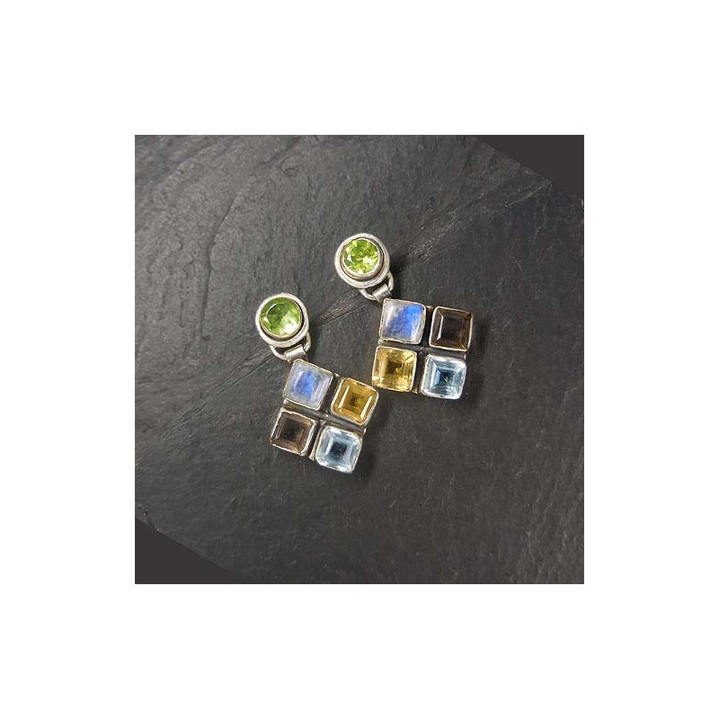 Peridot Ohrringe mit Blautopas, Citrin, Mondstein und Rauchquarz