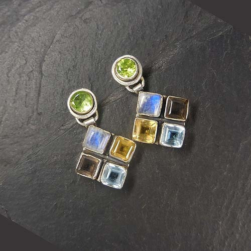 Peridot Ohrringe mit Blautopas, Citrin, Mondstein und Rauchquarz