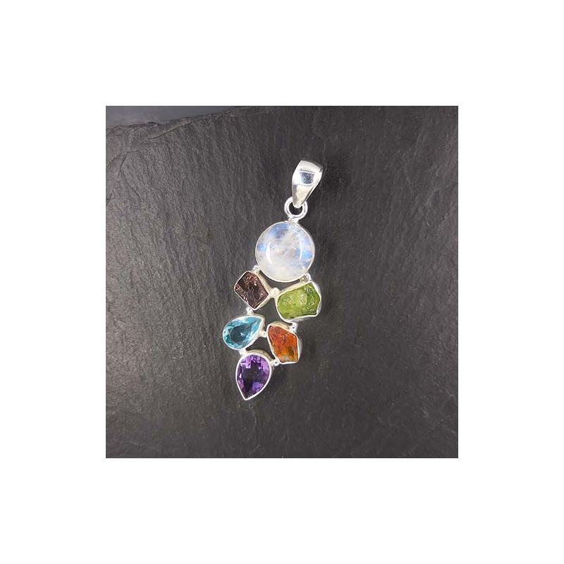 Mondstein Anhänger mit Amethyst, Blautopas, Citrin, Granat und Peridot