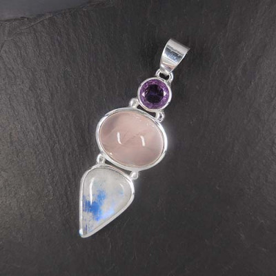 Rosenquarz Anhänger mit Amethyst und Mondstein