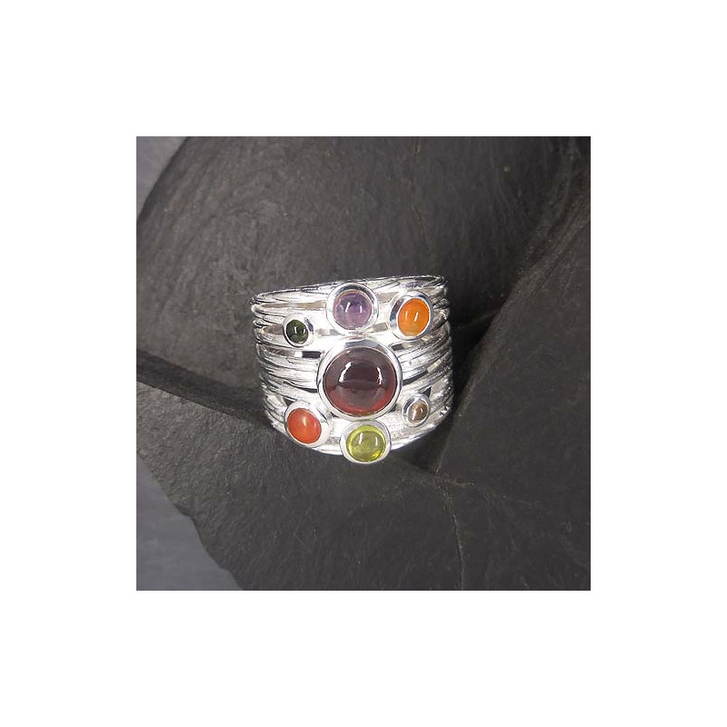 Granat Ring mit Amethyst, Karneol, Peridot und Rauchquarz