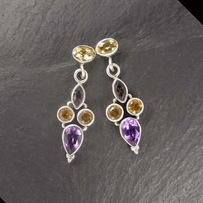 Amethyst Ohrringe mit Citrin und Rauchquarz