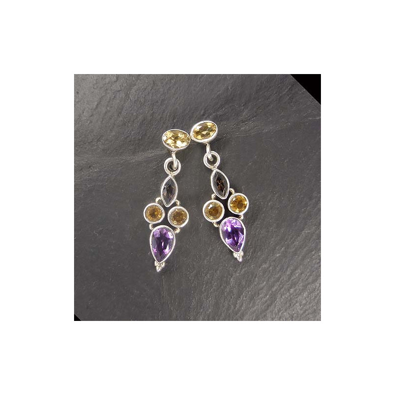 Amethyst Ohrringe mit Citrin und Rauchquarz