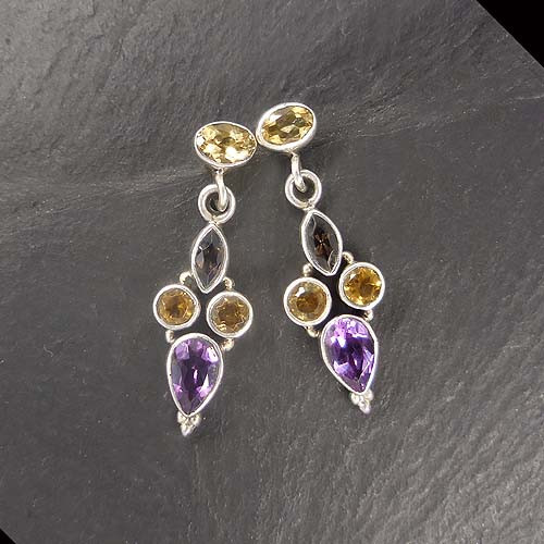 Amethyst Ohrringe mit Citrin und Rauchquarz