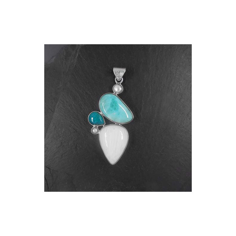 Anhänger mit Larimar, Skolezit, Perle und Chrysokoll