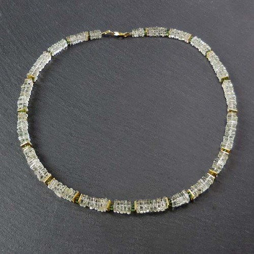 Prasiolith Kette mit Fluorit und Goldelementen