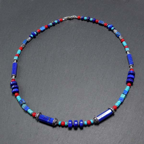 Lapis Lazuli Kette mit Türkis, Koralle und Silber