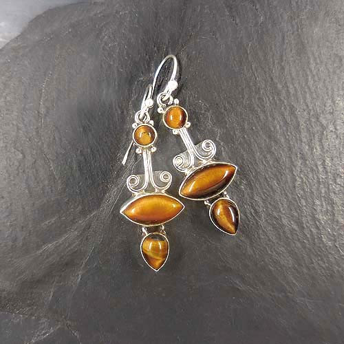 Tigerauge Ohrringe mit 3 Steinen