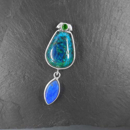 Chrysokoll Anhänger mit Lapis Lazuli und grünem Turmalin