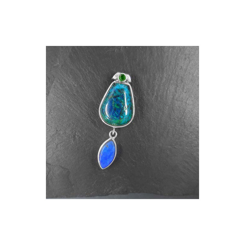 Chrysokoll Anhänger mit Lapis Lazuli und grünem Turmalin
