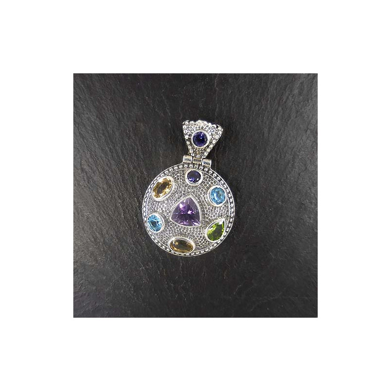 Amethystanhänger mit Blautopas, Citrin, Iolit und Peridot