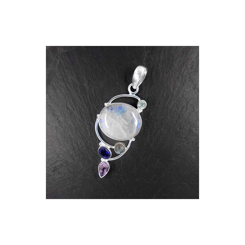 Mondsteinanhänger mit Iolit, Blautopas und Amethyst