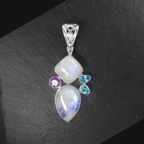 Mondstein Anhänger mit Blautopas und Amethyst