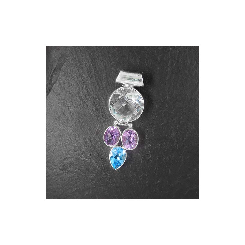 Bergkristallanhänger mit Amethyst und Blautopas