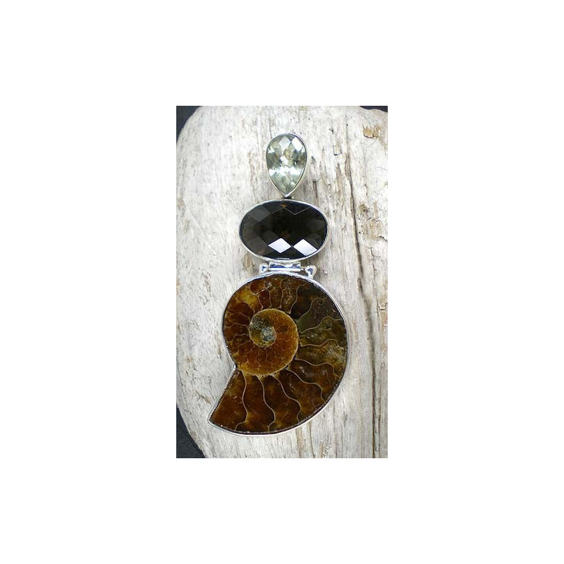 Ammonitanhänger mit Rauchquarz und Prasiolith 	