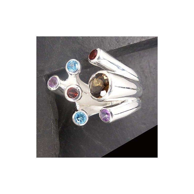 Rauchquarz Ring mit Amethyst, Blautopas, Granat und Iolit (TRK)