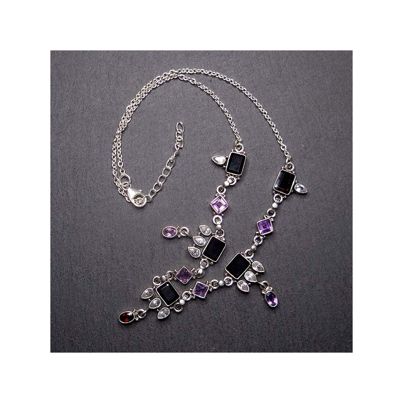 Onyx Collier mit Zirkonia, Amethyst und Granat