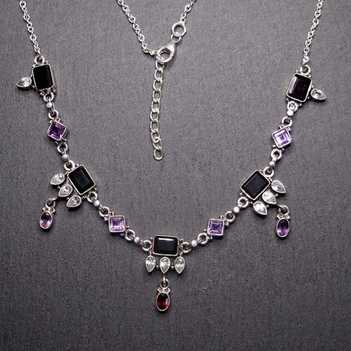 Onyx Collier mit Zirkonia, Amethyst und Granat