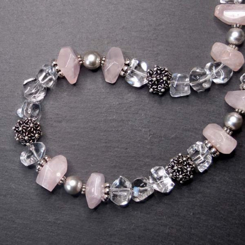 Bergkristall Kette mit Perle, Rosenquarz und Silber