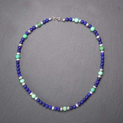 Lapis Lazuli Kette mit Türkis, Süßwasserperle und Silber