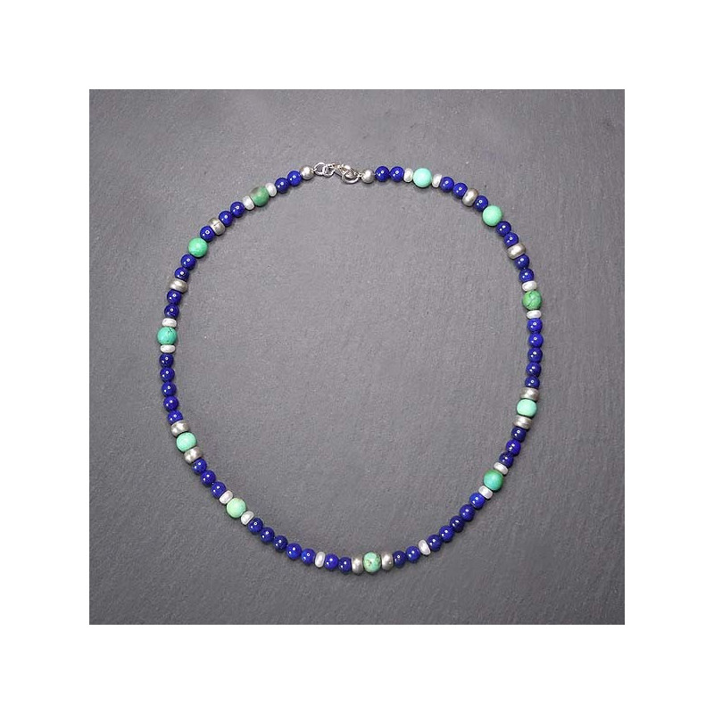 Lapis Lazuli Kette mit Türkis, Süßwasserperle und Silber