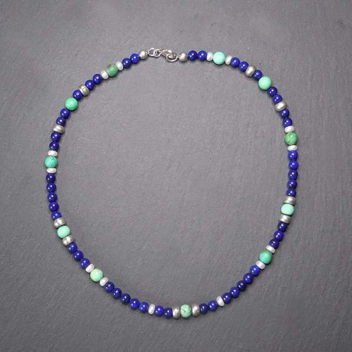 Lapis Lazuli Kette mit Türkis, Süßwasserperle und Silber