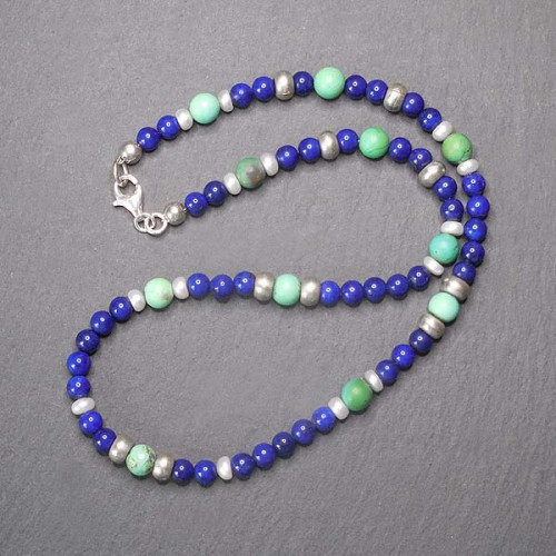 Lapis Lazuli Kette mit Türkis, Süßwasserperle und Silber