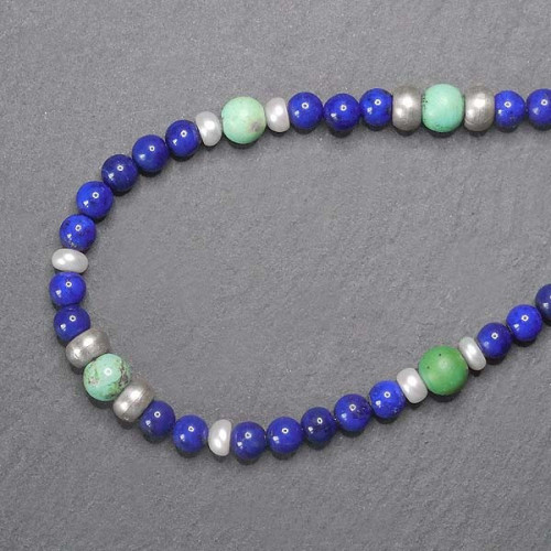 Lapis Lazuli Kette mit Türkis, Süßwasserperle und Silber