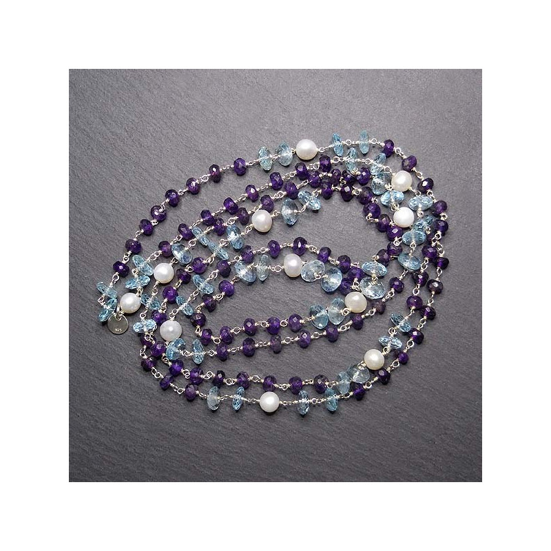Amethyst Collier Lang mit Blautopas und Süßwasserperlen