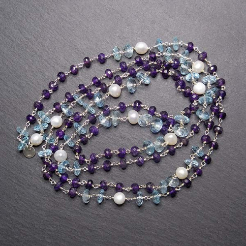 Amethyst Collier Lang mit Blautopas und Süßwasserperlen
