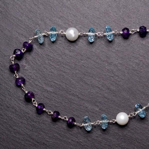 Amethyst Collier Lang mit Blautopas und Süßwasserperlen